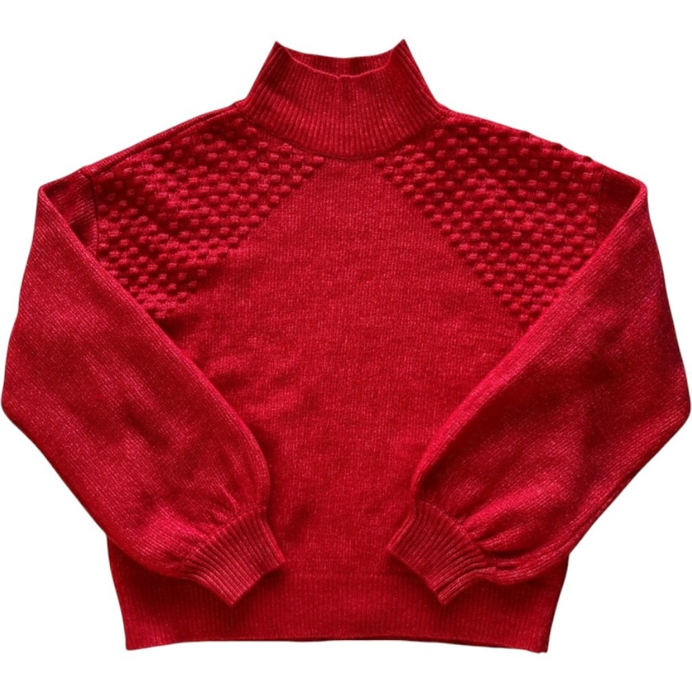 Nine‎ West Womens Red Funnel Neck Sweater Wool Blend Chunky Balloon Sleeve Small
